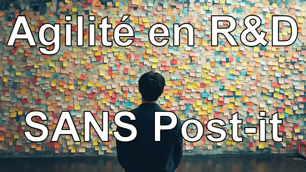 Illustration de l'agilité en R&D sans Post-it : un homme de dos observe un mur entièrement recouvert de notes adhésives colorées.