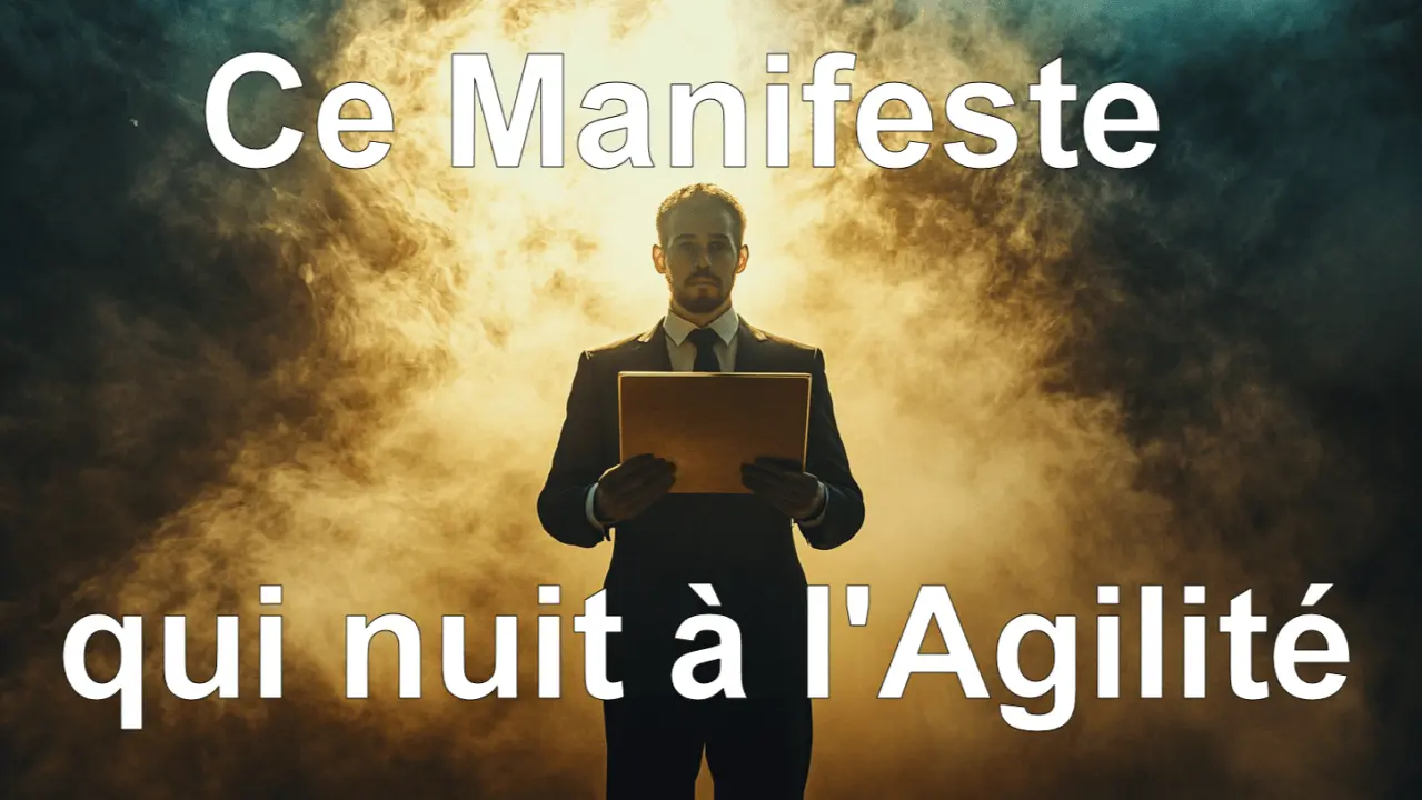Photo d'un homme en costume d'affaires tenant une tablette, comme des tables de la loi, éclairée, sur fond de fumée dramatique. Texte : Ce Manifeste qui nuit à l'Agilité.