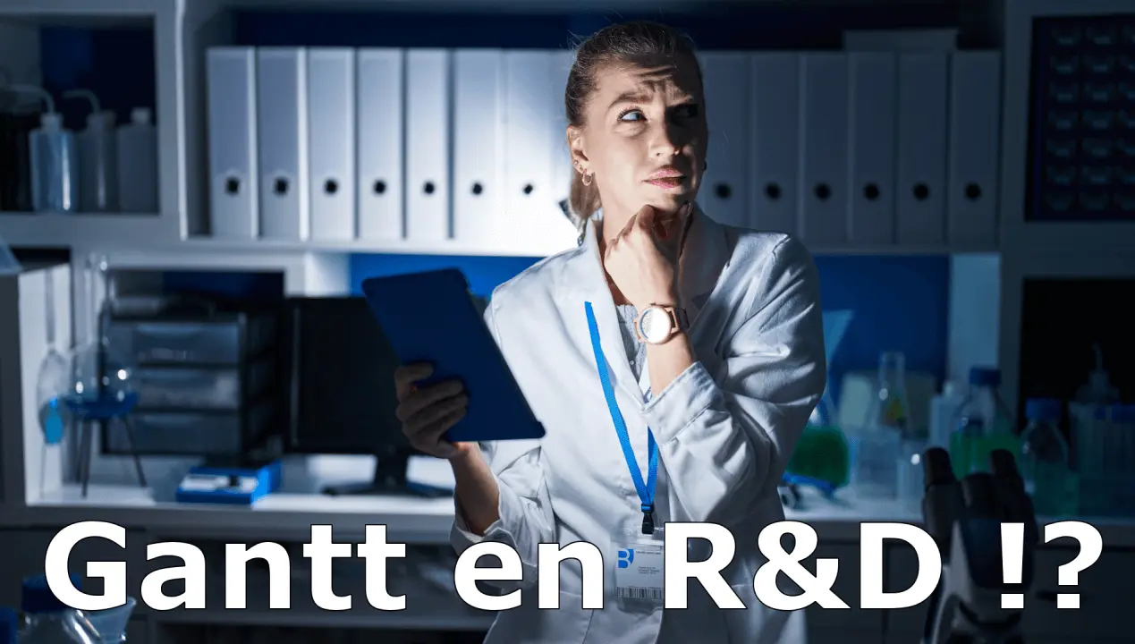 Chercheuse ou professionnelle de la R&D soucieuse, regardant pensivement son planning ou un tableau de bord. L'image évoque la pression et la nécessité d'optimisation.
