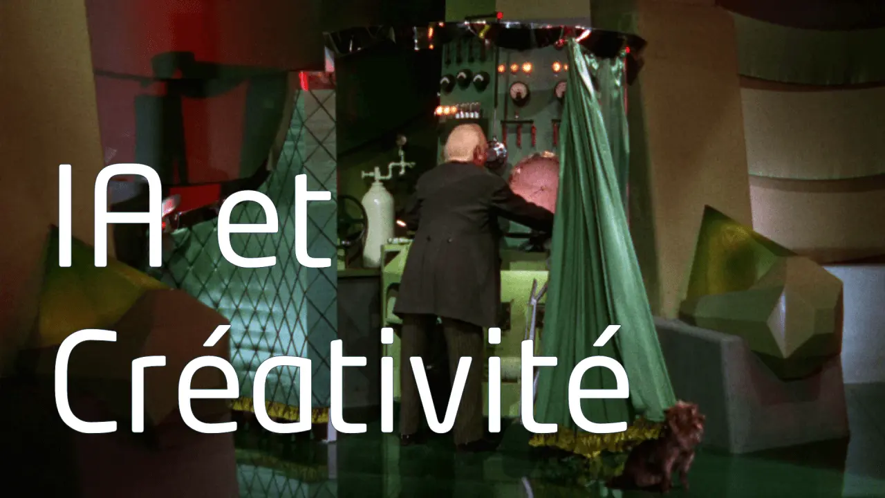 Scène du film Le Magicien d'Oz montrant le 'magicien' tirant un rideau pour révéler une machine. Texte : IA et Créativité.