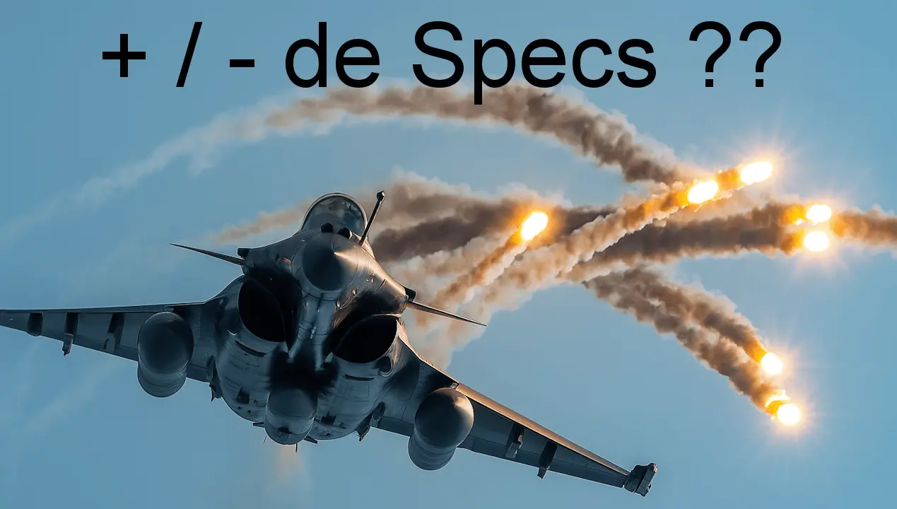 Avion de chasse (Rafale) tirant des leurres lumineux ou des missiles. Le texte demande : + / - de Specs ??