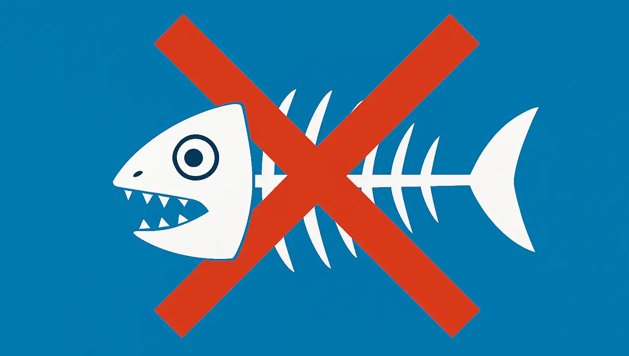 Squelette de poisson (fishbone) barré d'une croix rouge, s'opposant à l'approche causale habituelle